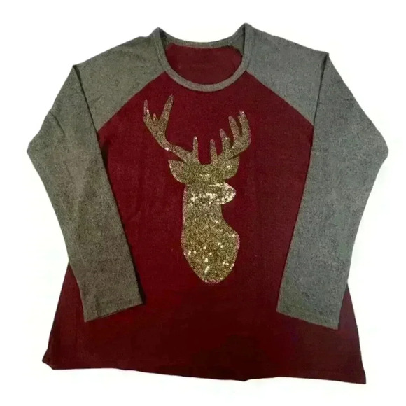 Moa Moa Girls Gold Sequin Reindeer Raglan Maroon/Tan Sweater SIZE-LARGE - Picture 1 of 5